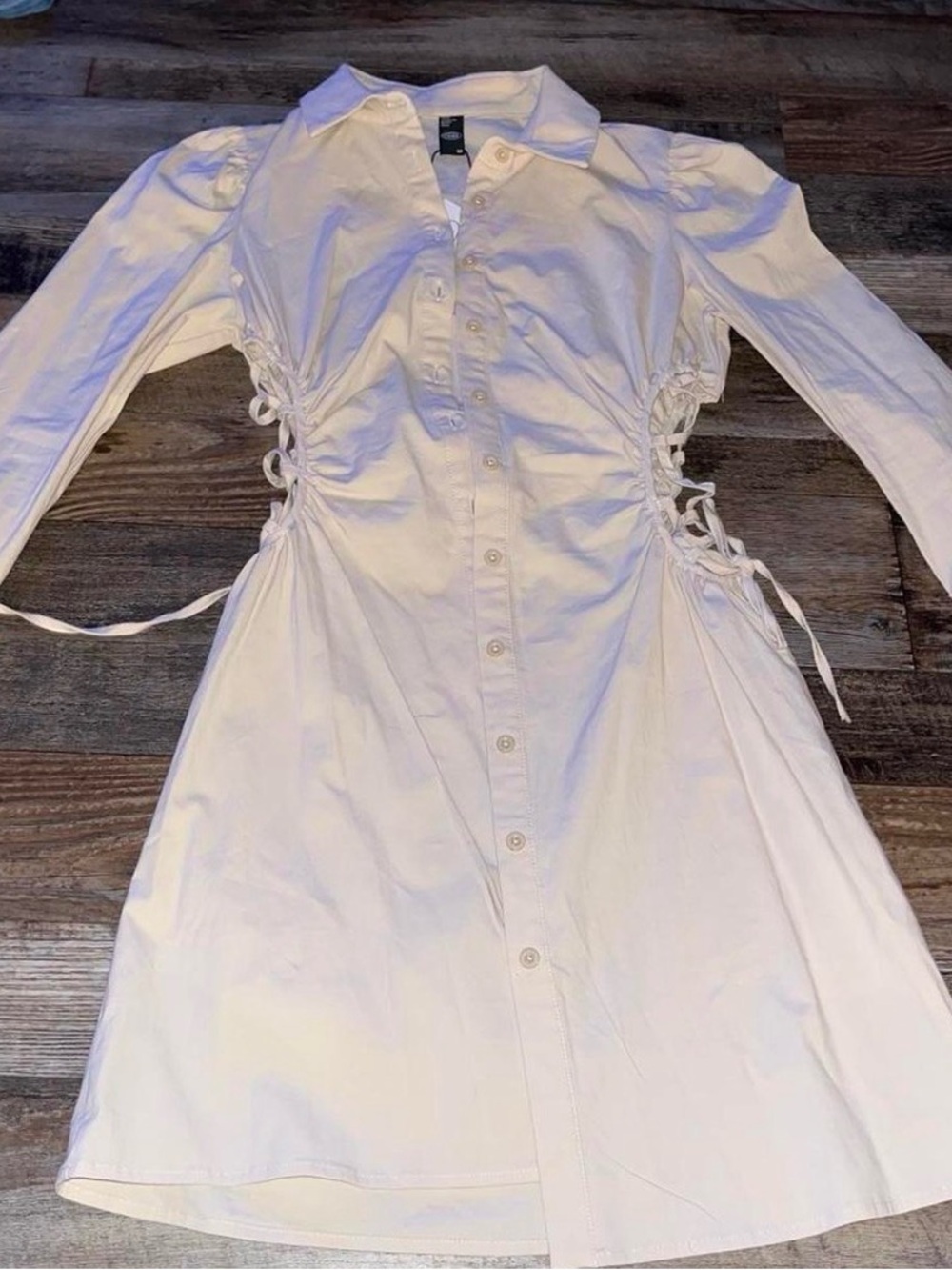 Cider White Long-Sleeve Button-Front Dress with Side Lace-Up